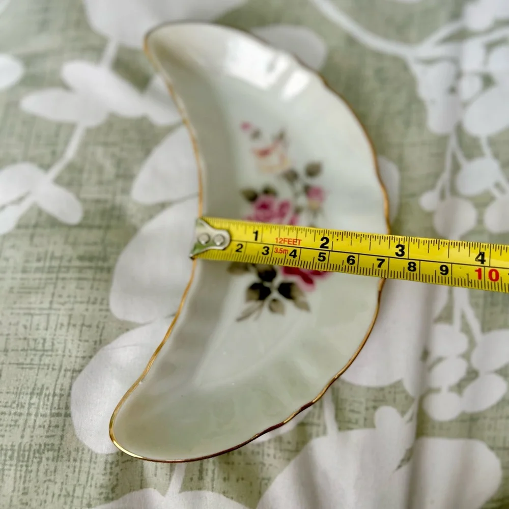 Vintage Crescent Moon Shaped Floral Porcelain Trinket Dish Jewelry Holder - Picture 7 of 7